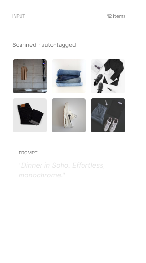 Wardrobe input card with scanned and auto-tagged clothing