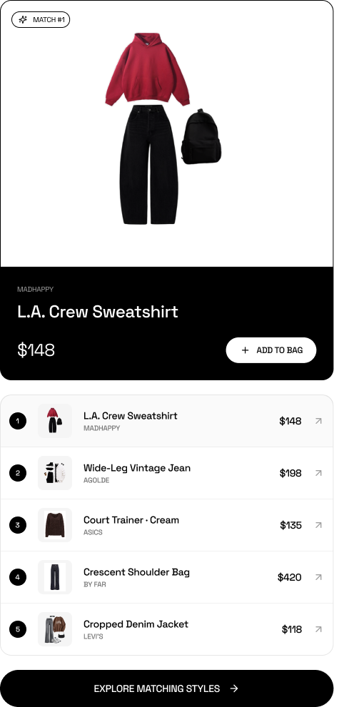 Matching product list with L.A. Crew Sweatshirt and outfit items